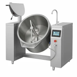 Commercial mixer kettle with tilting stainless steel body and built-in agitator for easy soup mixing